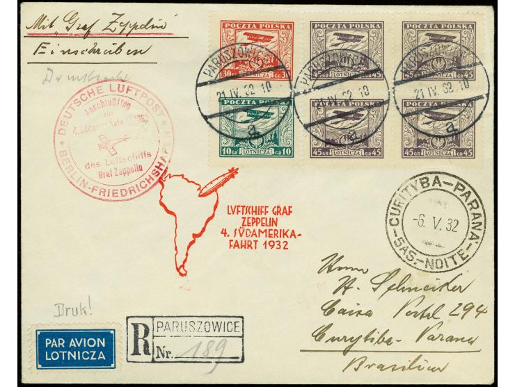 POLEN: 1932, 4. Südamerikafahrt, R-Brief mit Anschlußflug ab Berlin, nach Brasilien