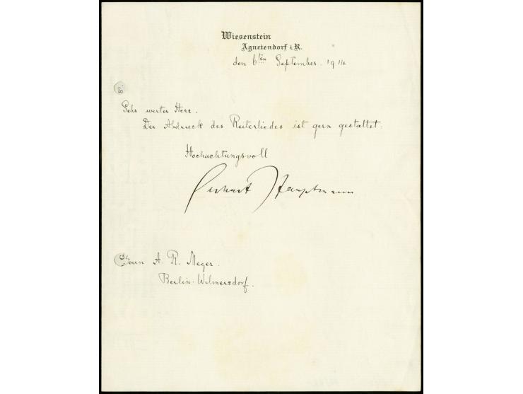 Hauptmann, Gerhard, e.U. auf Anschreiben 1914, dazu Autographen von Felix Dahn und Karl v. Holtei