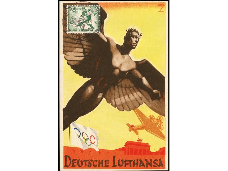 1936, Berlin, farbige Werbepostkarte der Deutschen Lufthansa mit Abb. "Ikarus und Flugzeug über Brandenburger Tor mit Olympia
