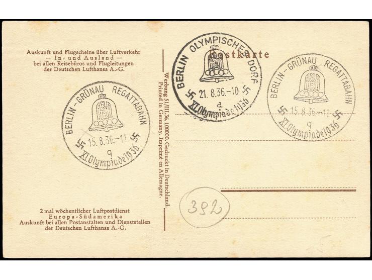 1936, Berlin, farbige Werbepostkarte der Deutschen Lufthansa mit Abb. "Ikarus und Flugzeug über Brandenburger Tor mit Olympia