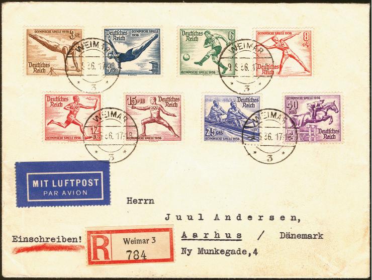 1936, Berlin, Sondermarken 3-40 Pfg. kpl. auf R-Luftpost-FDC von "WEIMAR 9.5.36" nach Aarhus, Dänemark mit Ankunftsstempel, U