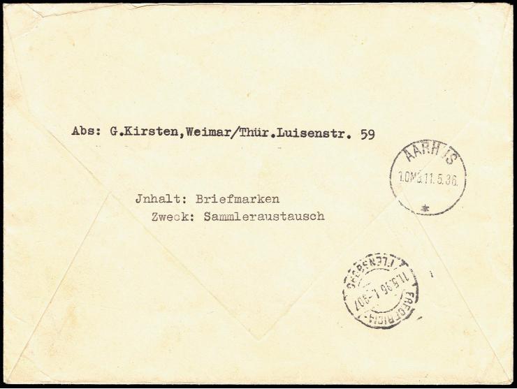 1936, Berlin, Sondermarken 3-40 Pfg. kpl. auf R-Luftpost-FDC von "WEIMAR 9.5.36" nach Aarhus, Dänemark mit Ankunftsstempel, U