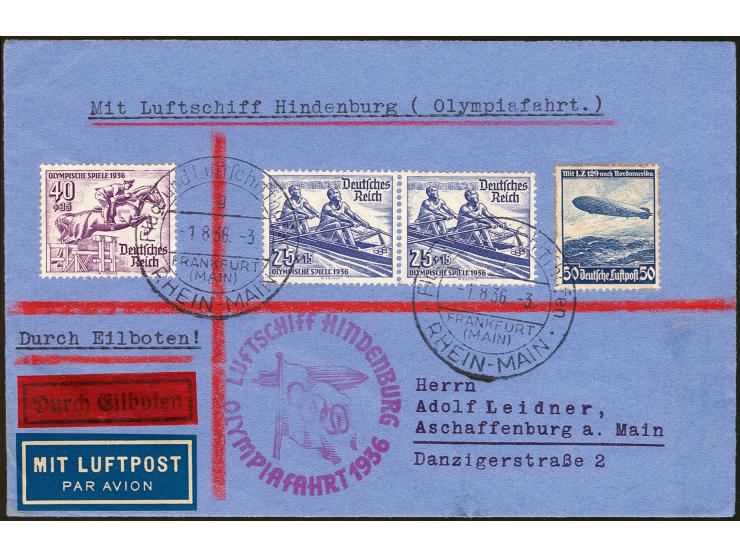 Olympiafahrt, Auflieferung Frankfurt mit Stempel "g", portogerecht frankierter Eilboten-Luftpostbrief mit u.a. Sondermarken 4