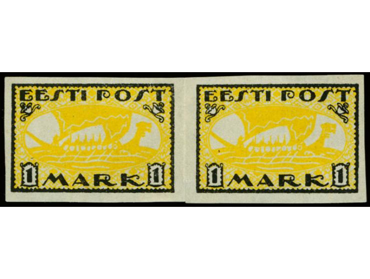 1919, Viking ship 1m. as horizontal pair in black/orange yellow on grey paper, unused without gum, folded in between with sma