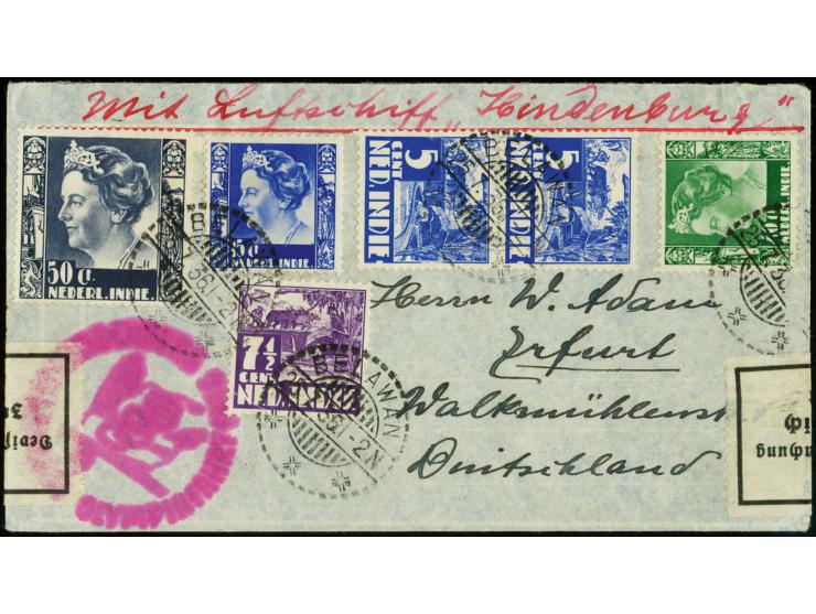 Niederländisch-Indien: Brief von "BELAWAN 25.7." mit bunter Frankatur und rotlila Bestätigungsstempel, adressiert nach Erfurt