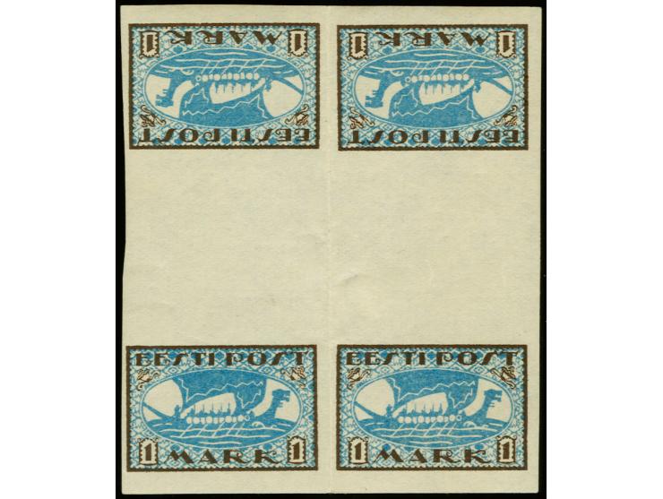 1919, Viking ship 1 m. as gutter block of four with two tête-bêche, small adherence in the gutter, otherwise mint never hinge