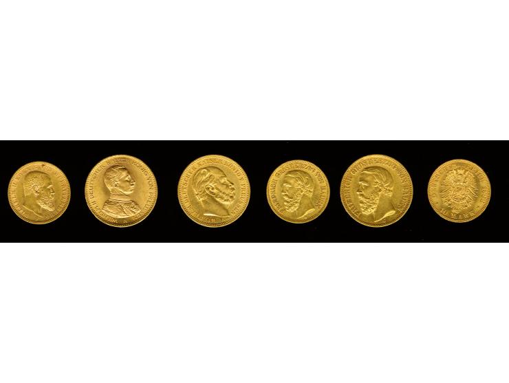Kaiserreich: 1872/1914, Baden bis Württemberg, drei verschiedene 20 M. Goldmünzen und vier verschiedene 10 M. Goldmünzen