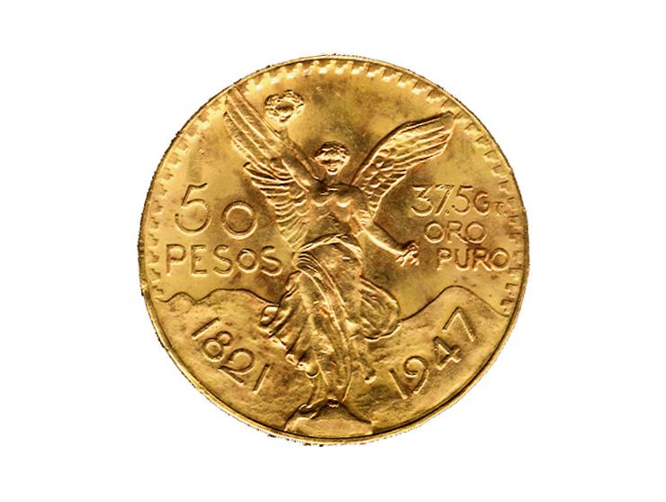 Mexico: 1947, 50 Pesos Goldmünze, Feingewicht 37,44 g, Patina
 