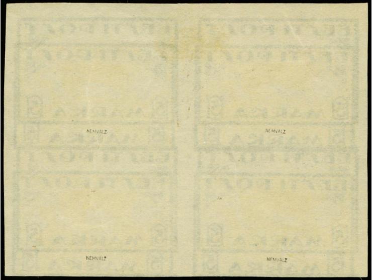 Viking ship 5m. as block of four, with double print of frame, trials to position the printing stones of the two colors, the s