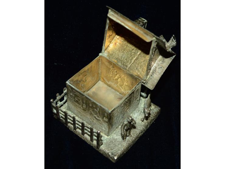 Sheffield Silber, Briefmarkendose in figuraler Ausführung, Punzmarken von Samuel Boyce Landeck, 1894. Die Briefmarkendose ist