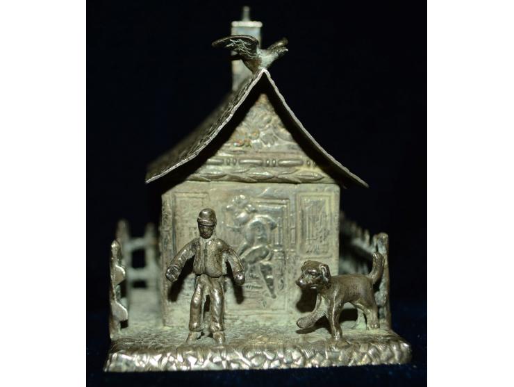 Sheffield Silber, Briefmarkendose in figuraler Ausführung, Punzmarken von Samuel Boyce Landeck, 1894. Die Briefmarkendose ist