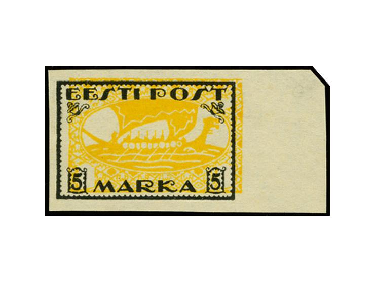 Viking ship 5m. with frame shifted 1.5mm to the left, trial to position the printing stones of the two colors, on ungummed wh