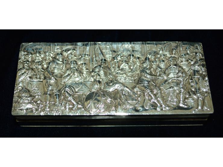 Niederländisches Silber, Briefmarkendose mir fünf Briefmarkenfächern. Der Deckel zeigt eine aus getriebenem Silber hergestell
