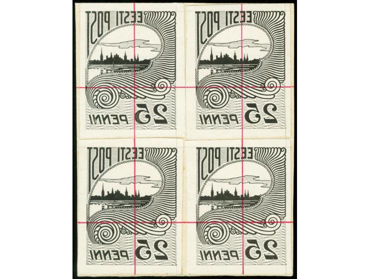 1920, Tallinn Skyline 25 p. as negative black enlarged copy of first assembly, four copies with red pen cross mounted on card