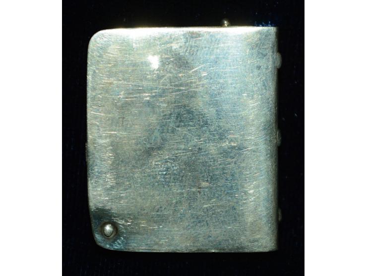 Sterling Silber, Briefmarkendose in Form eines kleinen Buches, Prägeverzierung Schriftzug "Stamps",  schöne Erhaltung, gering
