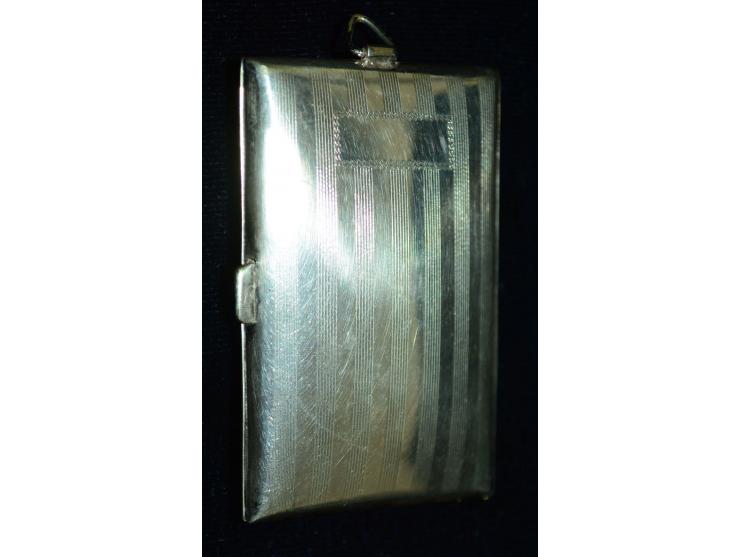 Silber, seltener Art Deko Briefmarkenhalter mit roter und schwarzer Emaildekoration sowie aufgesetztem Hirschkopf "B.P.O.E". 