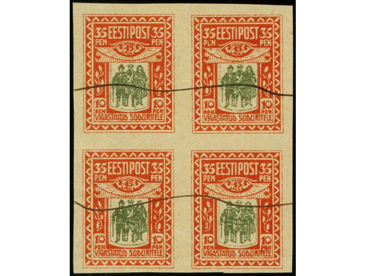 Invalids 35p. as block of four on brownish paper, canceled with wavy black lines, crease in bottom two proofs, without gum, s