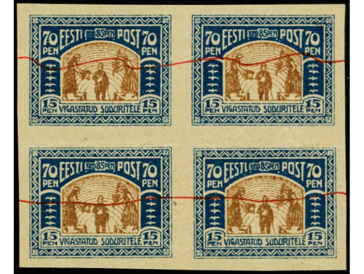 Invalids 70p. as block of four on brownish paper, canceled with wavy red lines, crease in right proofs, without gum, signed N