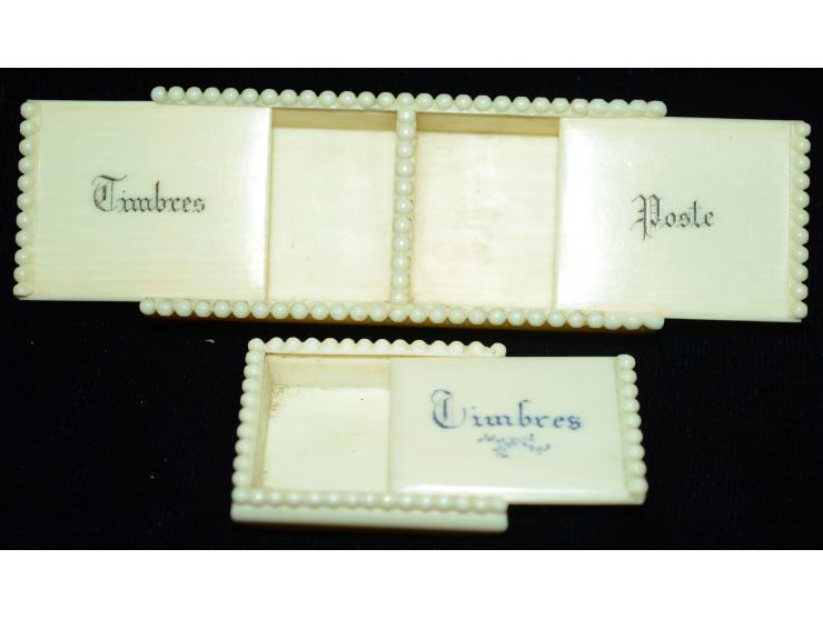 Briefmarkendose aus Bein mit Aufschrift "Timbres" und "Poste", cirka 1910, zwei Briefmarkenfächer mit jeweils eigenem Schubde