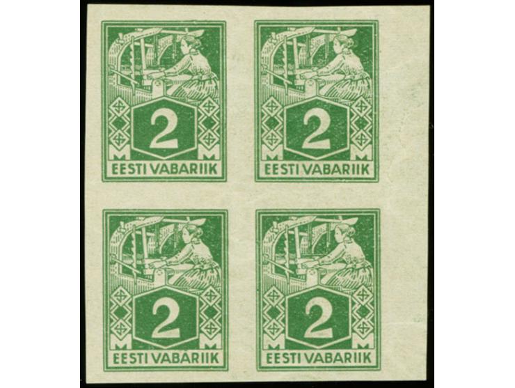 1922, Weaver 2m. green imperforated, blocks of four on horizontally ribbed paper, setoff traces on reverse, mint never hinged