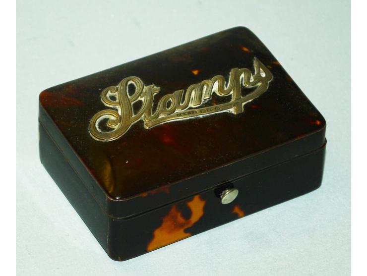 1894, Chester Schildblatt Briefmarkendose mit Sterling Silber "Stamps" Label, Hersteller Saunders & Shepherd, Grossbritannien