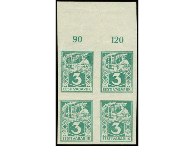 1922, Weaver 3m. green imperforated, block of four with upper sheet margin on horizontally ribbed paper, mint never hinged, t