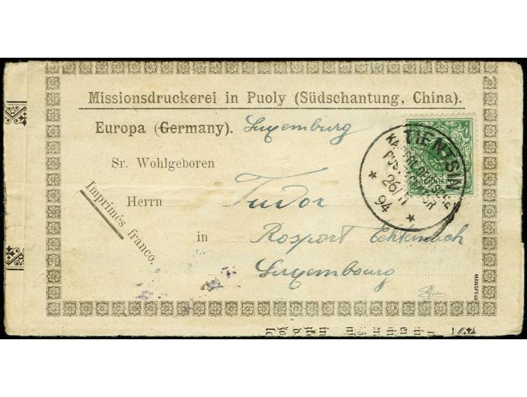 Krone/Adler 5 Pfg. opalgrün mit Stempel "TIENTSIN KDPA 26/11 94" auf Drucksachenadresse mit Teil des Inhaltes nach Echternach