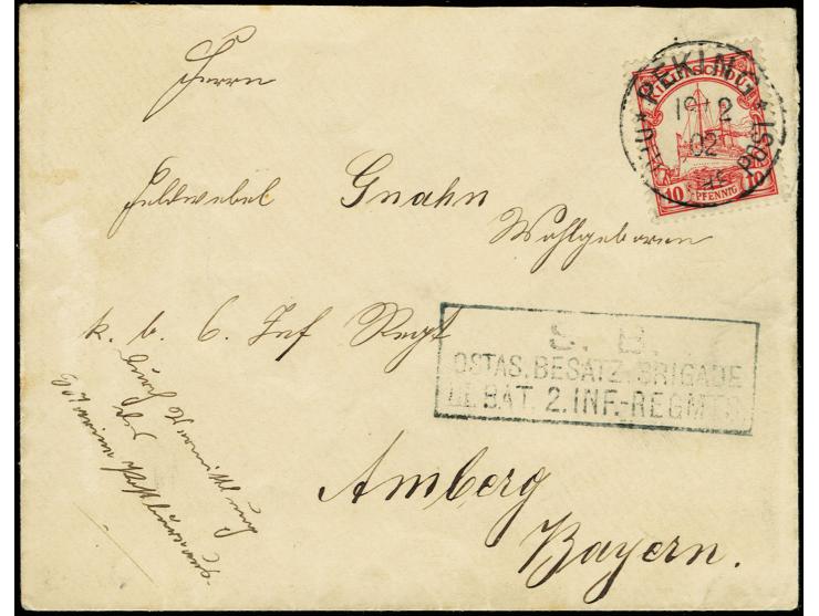 Kiautschou 10 Pfg. mit Stempel "PEKING 19.2.02" auf Brief mit Feldpost-Briefstempel und handschriftlichem Leitvemerk "durch V