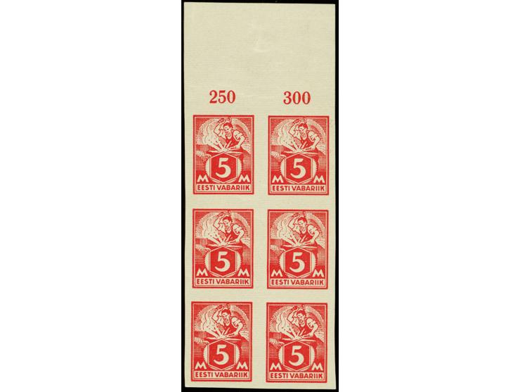 1922, Smith 5m. red imperforated, block of six with upper sheet margin on horizontally ribbed paper, mint never hinged, light