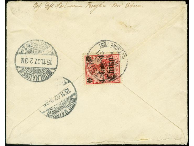 10 C., 4 C. (2) und 2 C. mit Stempel "TIENTSIN *a 28.10.07" und "Etappe Tangku" (violetter L1) als Nebenstempel auf  R-Brief 