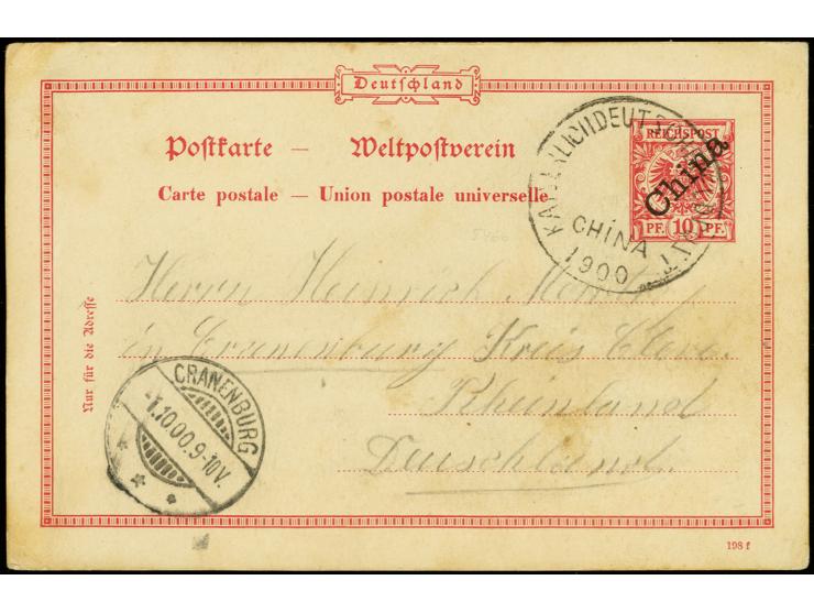 "KAISERLICH DEUTSCHE FELDPOST CHINA 1900", sog. "Wagenrad"-Stempel in Type II, klar auf bedarfsgebrauchter Ganzsachenkarte 10