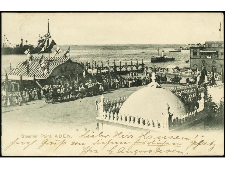 "Reichspostdampfer Prinz Heinrich", violetter Ra2 als Entwerter auf Germania 10 Pfg. auf Ansichtskarte von Aden via "SUEZ 25.