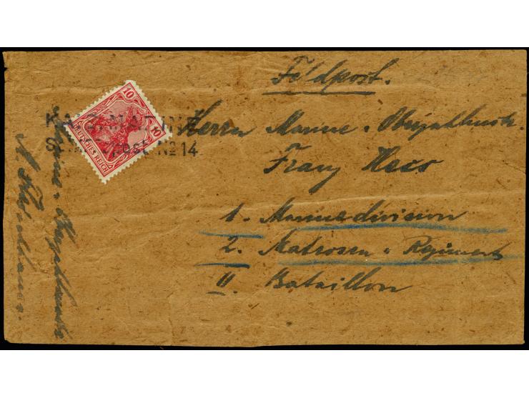 "KAIS.MARINE Schiffspost No.14", L2 klar als Entwerter auf Germania 10 Pfg. auf komplettem Feldpost-Päckchen-Adressenteil an 