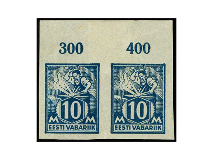 1922, Smith 10m. blue imperforated as horizontal pair with upper sheet margin on thin paper, mint never hinged with hinges at