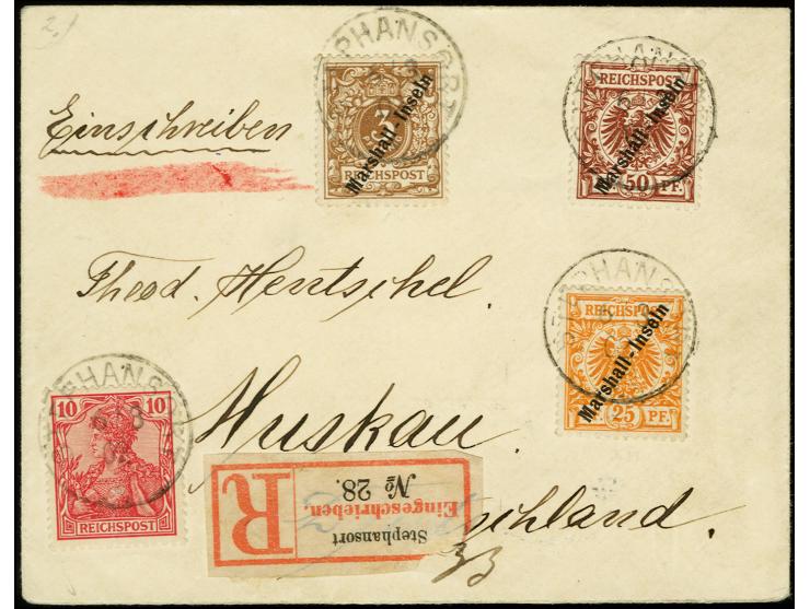 "STEPHANSORT 6/3 02" auf Marshall-Inseln 1899, 3 Pfg., 25 und 50 Pfg. sowie Germania Reichspost 10 Pfg. auf kleinem R-Brief n