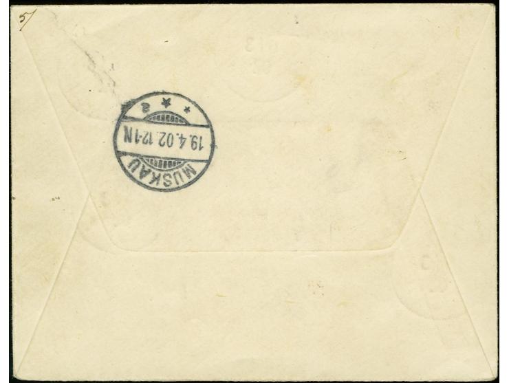 "STEPHANSORT 6/3 02" auf Marshall-Inseln 1899, 3 Pfg., 25 und 50 Pfg. sowie Germania Reichspost 10 Pfg. auf kleinem R-Brief n