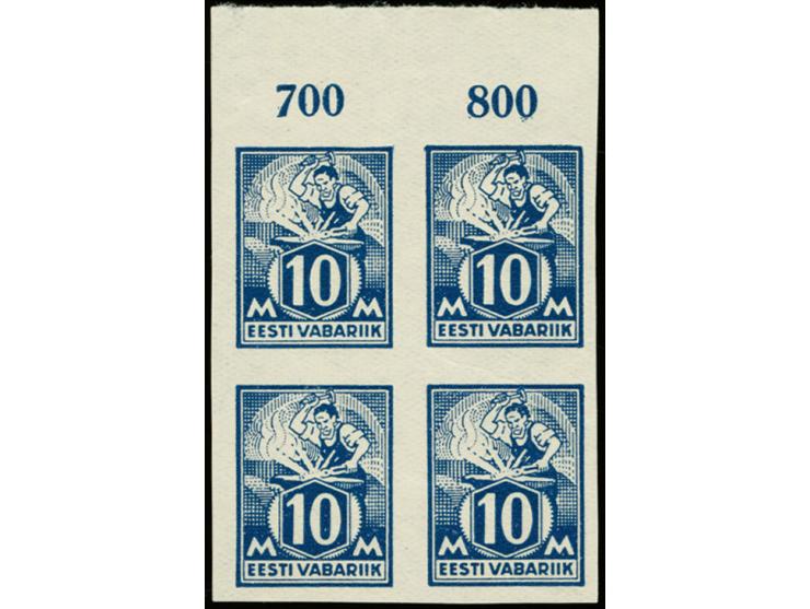 1922, Smith 10m. blue imperforated as block with upper sheet margin, mint never hinged with gum creases at right, otherwise f