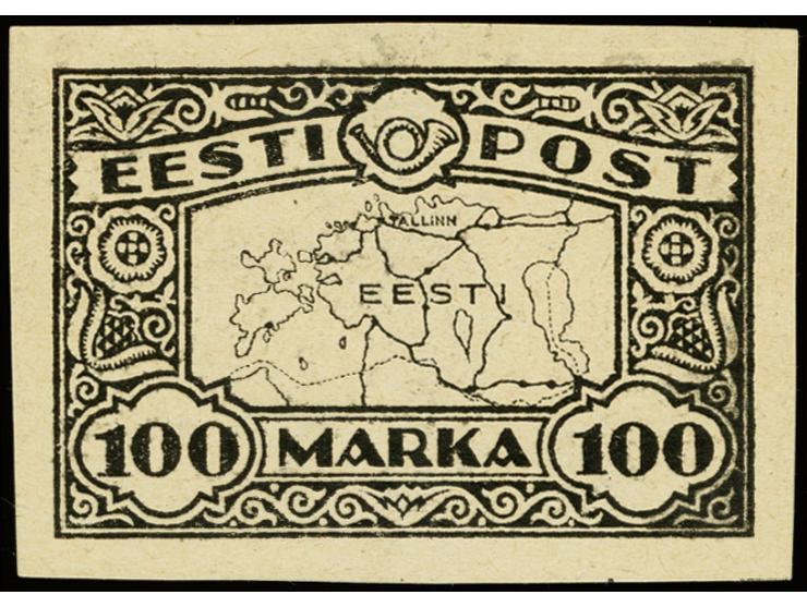 1923, Map of Estonia 100 m. black on thick yellowish gray paper, large sized essay (60x40mm), showing final design of the oli