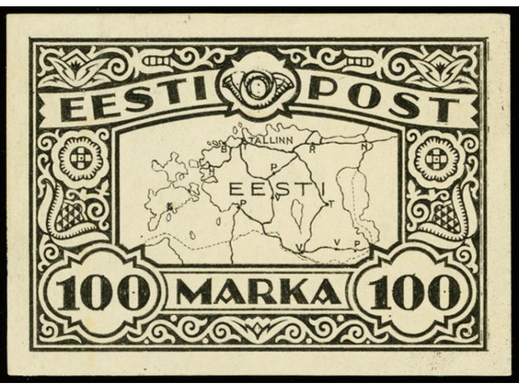 1923, Map of Estonia 100 m., large essay, black on thick yellowish gray paper, not yet catalogued, size 58x40mm, design simil