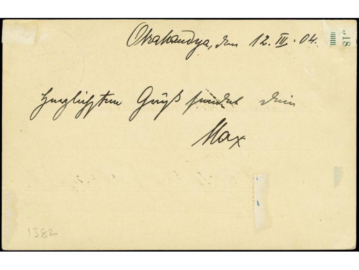 "Okahandja", violetter L1 und Wanderstempel vom 12.3.04, klar auf Feldpostkarte mit Grußtext nach Fleckeby mit Ankunftsstempe