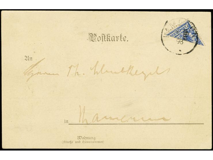 20 Pfg. diagonal halbiert (obere Hälfte) mit Stempel "KAMERUN 3.10.98" auf Ansichtskarte mit Grußtext im Ortsverkehr gebrauch