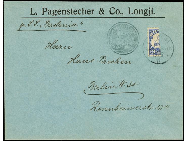 Longji-Provisorium: 20 Pfg. senkrecht halbiert, linke Hälfte mit Stempel "LONGJI 19.5 11" auf Umschlag der Pagenstecher-Korre