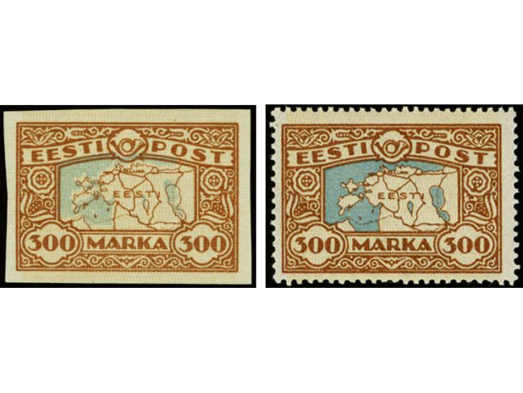 1923, Map of Estonia 300m., normal stamp and imperforated proof, both with plate flaw "colored line in right rosette", the "c