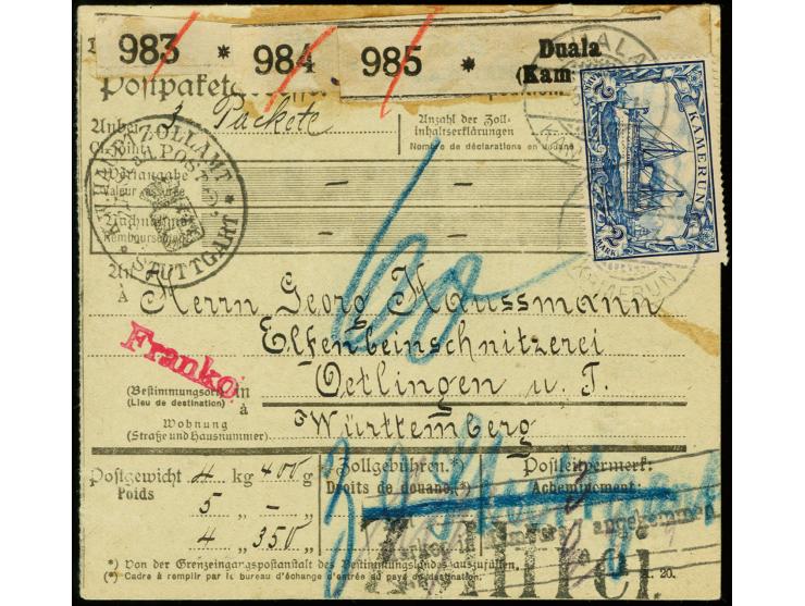 2 M., zwei Einzelwerte mit 80 Pfg., je mit Stempel "DUALA 5.3.13" vorder- und rückseitig auf Paketkarte für 3 Pakete via Hamb