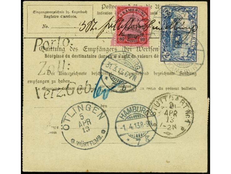 2 M., zwei Einzelwerte mit 80 Pfg., je mit Stempel "DUALA 5.3.13" vorder- und rückseitig auf Paketkarte für 3 Pakete via Hamb