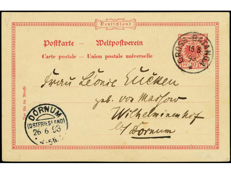 "GROSS-BATANGA 15.5.93", sehr klar auf Ganzsachenkarte Krone/Adler 10 Pfg. mit viel Text nach Deutschland mit Ankunftsstempel