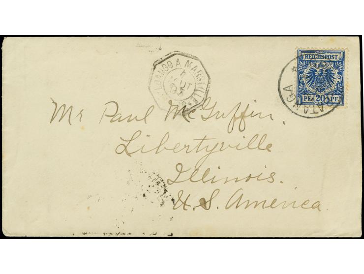 "GROSS-BATANGA 19.7.93", recht klar auf Krone/Adler 20 Pfg. auf Brief via Frz. Congo mit frz. Schiffspost-Stempel "LOANGO A M