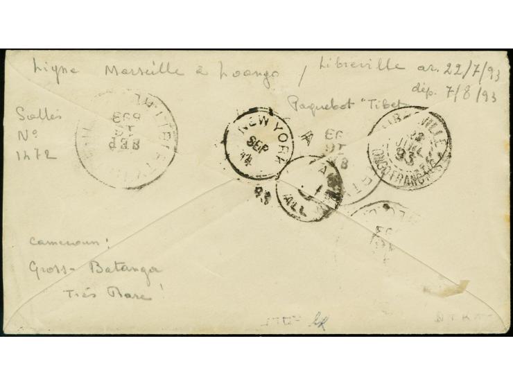 "GROSS-BATANGA 19.7.93", recht klar auf Krone/Adler 20 Pfg. auf Brief via Frz. Congo mit frz. Schiffspost-Stempel "LOANGO A M
