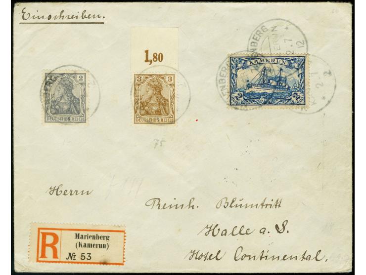 "MARIENBERG  2.7.12.", mehrfach recht klar auf überfrankiertem R-Brief mit Kaiseryacht 2 M. und Deutsches Reich Germania 2 Pf