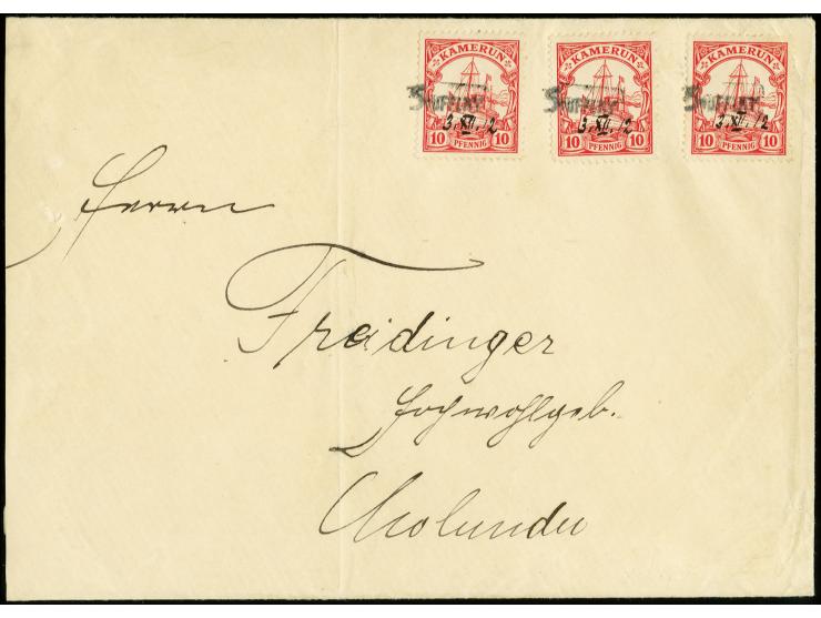 "Soufflay", kleiner Gummistempel in schwarz mit handschriftlichem Datum "3.XII.12." auf  drei Einzelwerten Kaiseryacht 10 Pfg